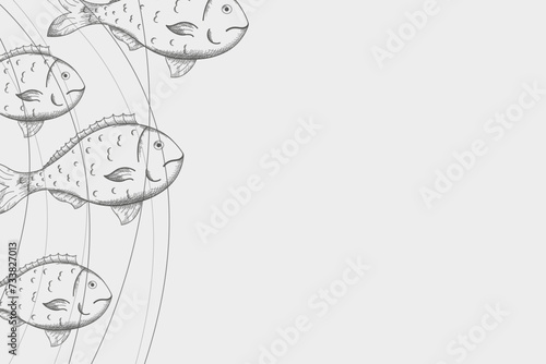 Fish dorado sketch background hand drawn vector illustration. Seafood design frame card with engraved fish underwater and waves, marine motive for summer, seaside resort, food menu, poster, label, log