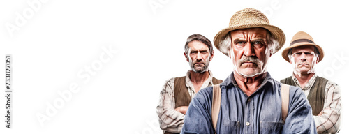 Group of irritated, angry male farmer in work clothes, white background isolate.