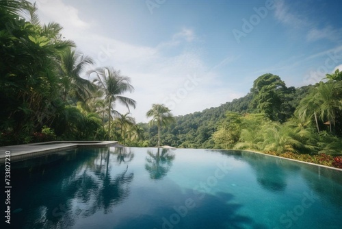 View of lush infinity pool surrounded by tropical scenery. Generative AI © David