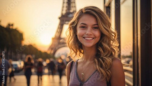 Ragazza sorride felice davanti alla Torre Eiffel al tramonto durante una vacanza a Parigi © Wabisabi