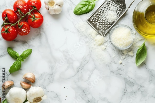 Parmesan cheese with basil leaves, cherry tomato, garlic, olive oil and iron grater on marble table top view, cooking background