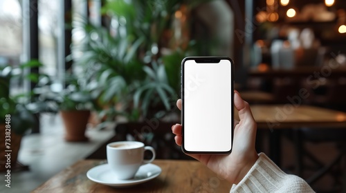 An illustration of a woman's hand holding a phone in an inky café with a white screen space, Generative AI.