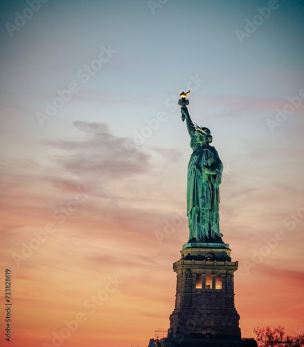 Close up of the Statue of Liberty in the sunset 