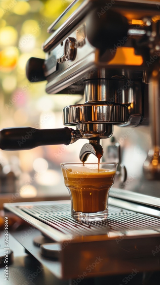 Fresh espresso is poured from the coffee maker into a cup in the morning light Fresh espresso is poured from the coffee maker into a cup in the morning light