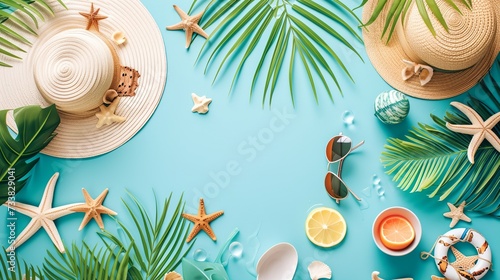 summer items are arranged on a blue background