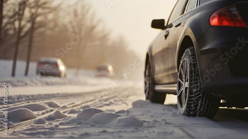 Snow Blizzard Tips for Cars with Winter Wheels and Tires. Generative AI.