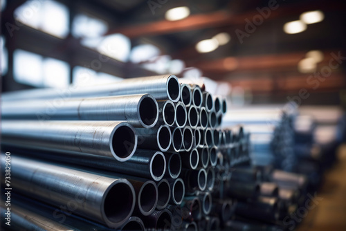 Industrial Warehouse: Stack of Steel Pipes with Blurry Factory Background. Generative AI.