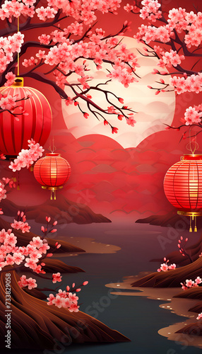 Happy Chinese New Year . Cherry blossom background with lanterns.