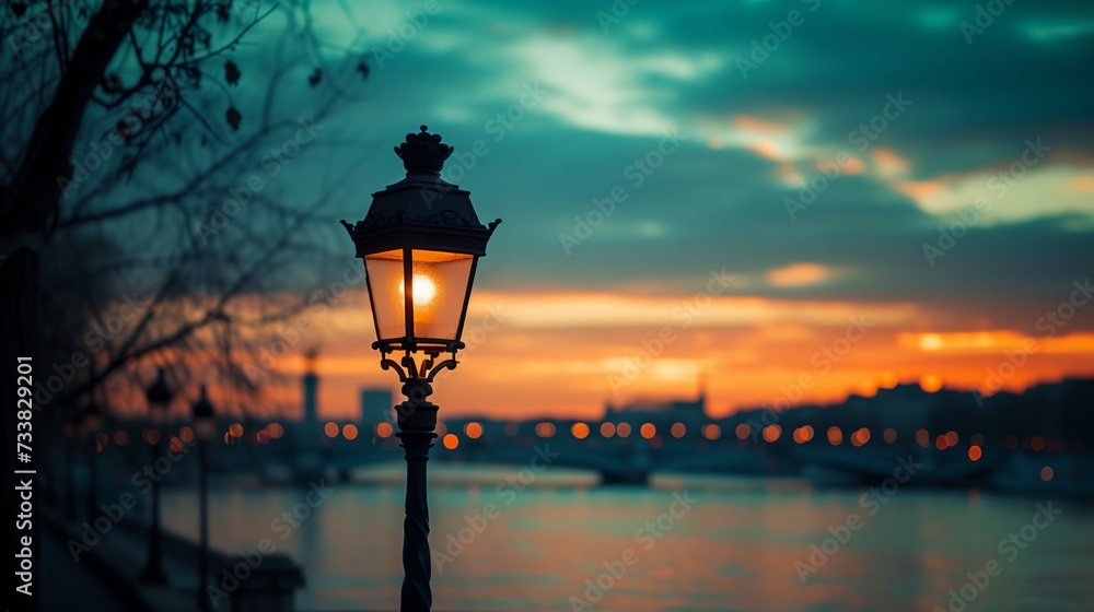 a street light with the sun setting in the background and clouds in the sky above it