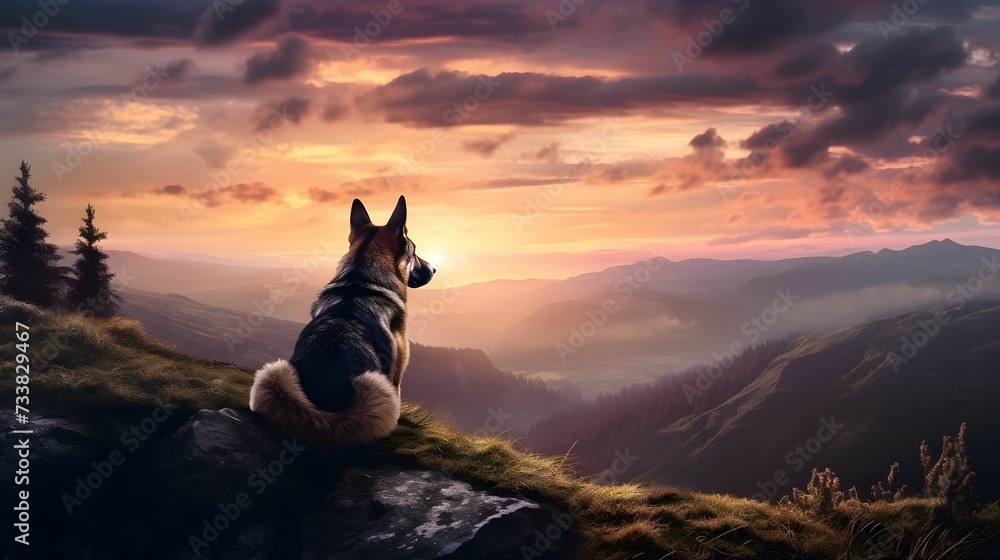 AI generated illustration of a German shepherd dog at the edge of a mountain watching sunset