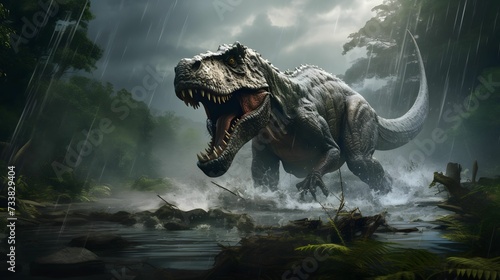 AI generated illustration of a Tyrannosaurus Rex walking through a lush, tropical jungle in the rain © Wirestock