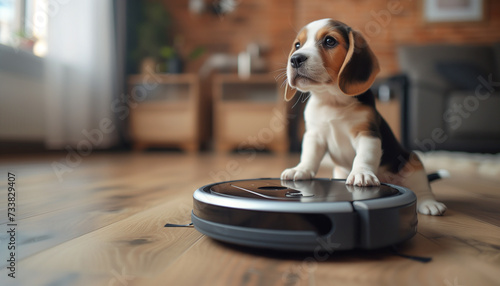 Cute purebred beagle puppy dog portrait on the living room laminate on the modern vacuum cleaner robot smart device while it cleaning floor Allergy prevention during home pets Fur Moulting concept. photo