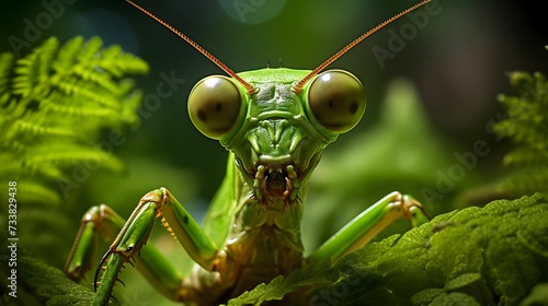 AI generated illustration of a closeup of mantis atop a green leafy ground covered in ferns © Wirestock
