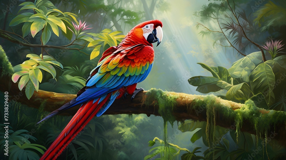 Obraz premium AI generated illustration of a vivid macaw bird perched atop a long, lush branch