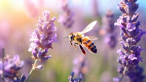 AI generated illustration of a bee flying above a picturesque lavender flower field