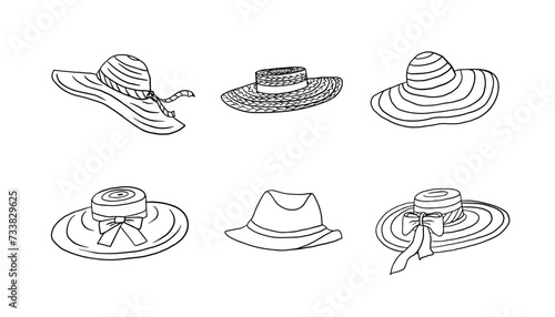 Set of summer hats in doodle style. Wicker hat. Beach hats. Summer time. Beach fashion. Beach wear. Travel design. Adventure. Hand drawn