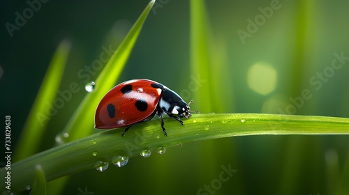 AI generated illustration of a ladybug atop a lush green grass leaf, with raindrops glistening © Wirestock