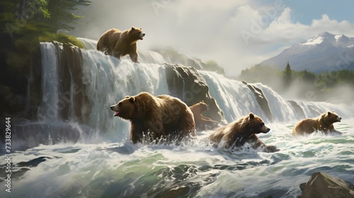 AI generated illustration of brown bears splashing under the waterfall