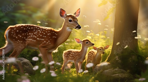 a young fawn with two deers by a tree