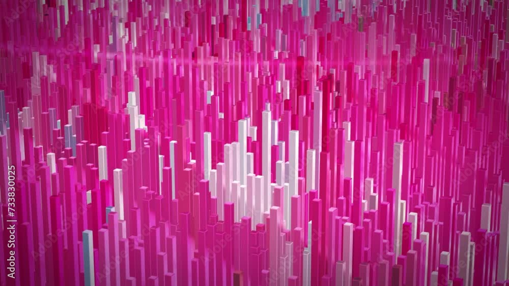 Abstract 3D background made of multi-colored cylinders. The up and down waves resemble the movement of rectangular three-dimensional growing pillars. Animated surface with square waves. 3D rendering. Abstract 3D background made of multi-colored cylinders. The up and down waves resemble the movement of rectangular three-dimensional growing pillars. Animated surface with square waves. 3D rendering.