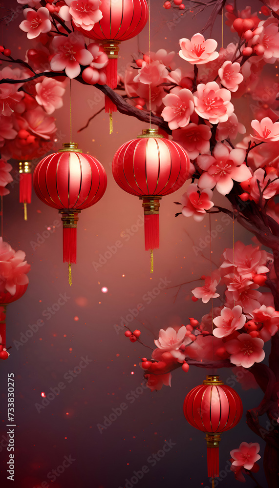 Obraz premium Chinese New Year background with red paper lanterns and cherry blossom