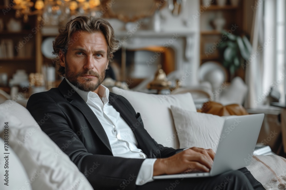 Thoughtful businessman working on a laptop in a luxury setting Thoughtful businessman working on a laptop in a luxury setting