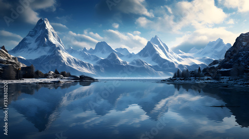 Snowy winter mountain and lake background,, A snowy mountain range with a lake surrounded by snow covered mountains in the foreground