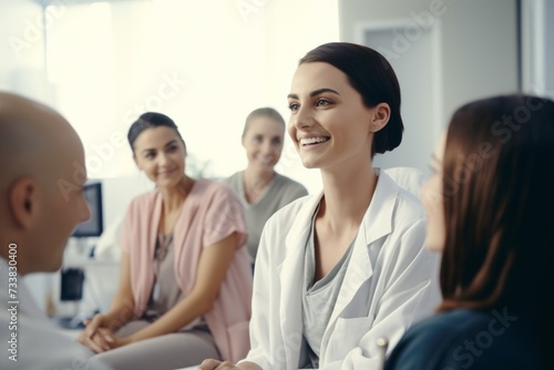 Healthcare team in a meeting with a smiling doctor