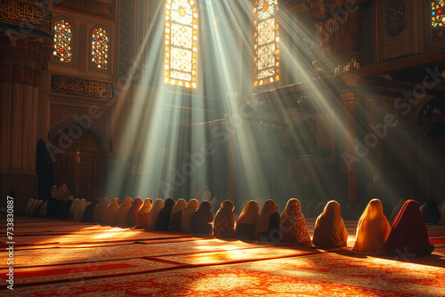 Sunlight streams through mosque windows as worshippers kneel in prayer. photo