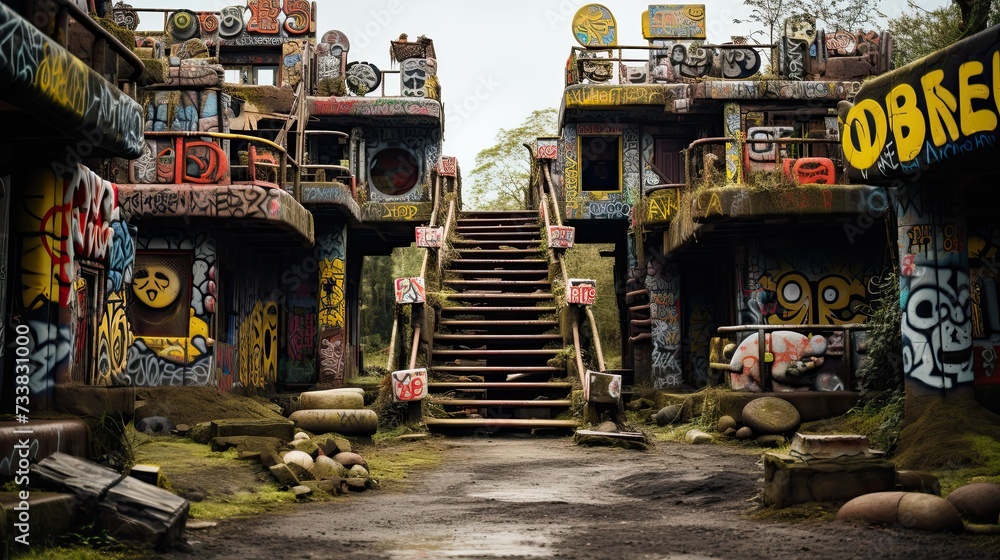 Obraz premium a stairway covered in graffiti and a stairway leading up to it