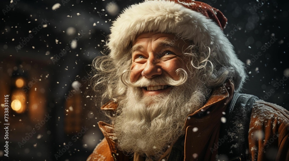 AI generated illustration of Santa Claus looking up at the falling snow and smiling AI generated illustration of Santa Claus looking up at the falling snow and smiling