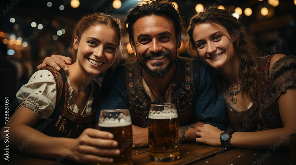 AI generated illustration of a man and two women sitting in a pub, drinking beer AI generated illustration of a man and two women sitting in a pub, drinking beer