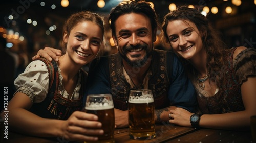 AI generated illustration of a man and two women sitting in a pub, drinking beer photo