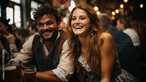 AI generated illustration of a happy couple sitting in a pub, drinking beer