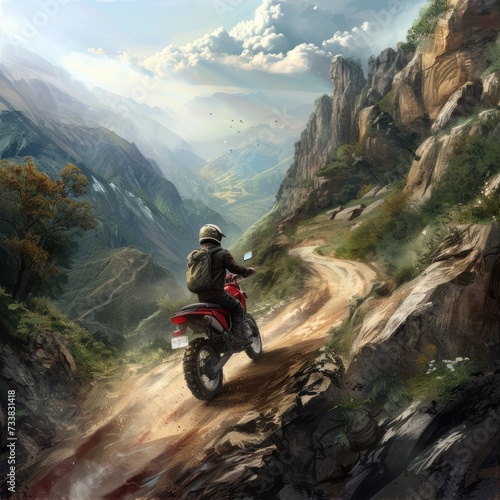 A person rides a trail motorbike, usually called a dual sport or all road, drifting on winding roads on top of extreme mountains with stunning views as a backdrop. Generative Ai © Myname