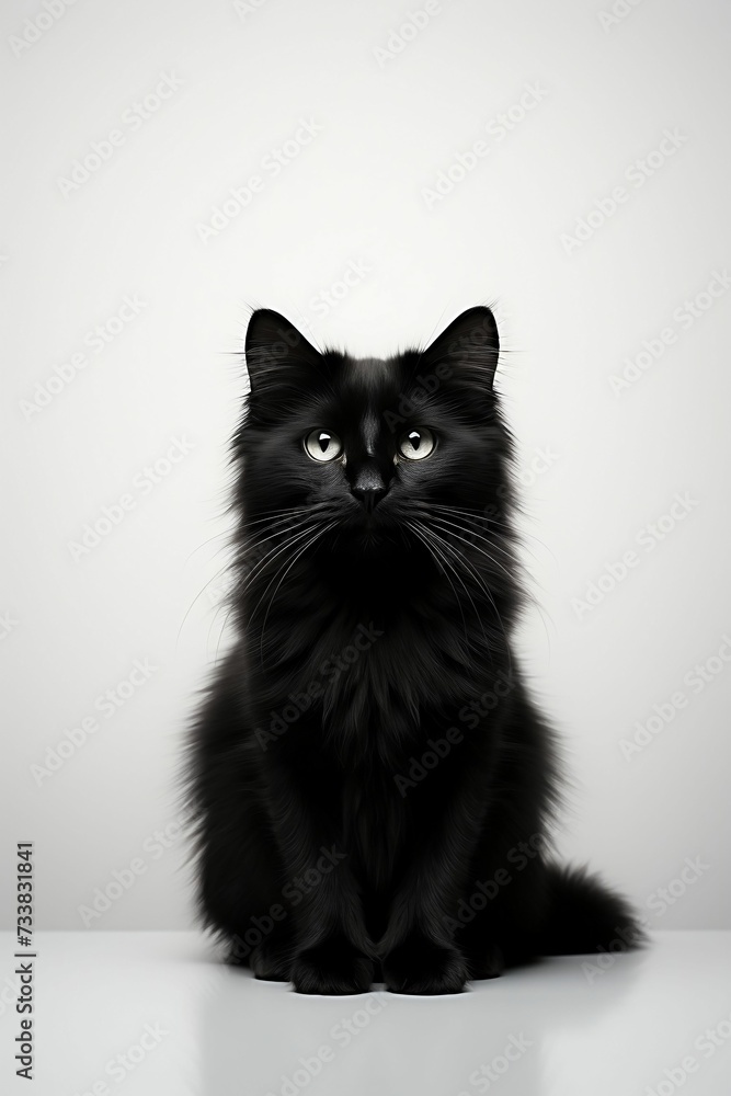 AI generated illustration of a black domestic shorthair cat with striking on a white surface