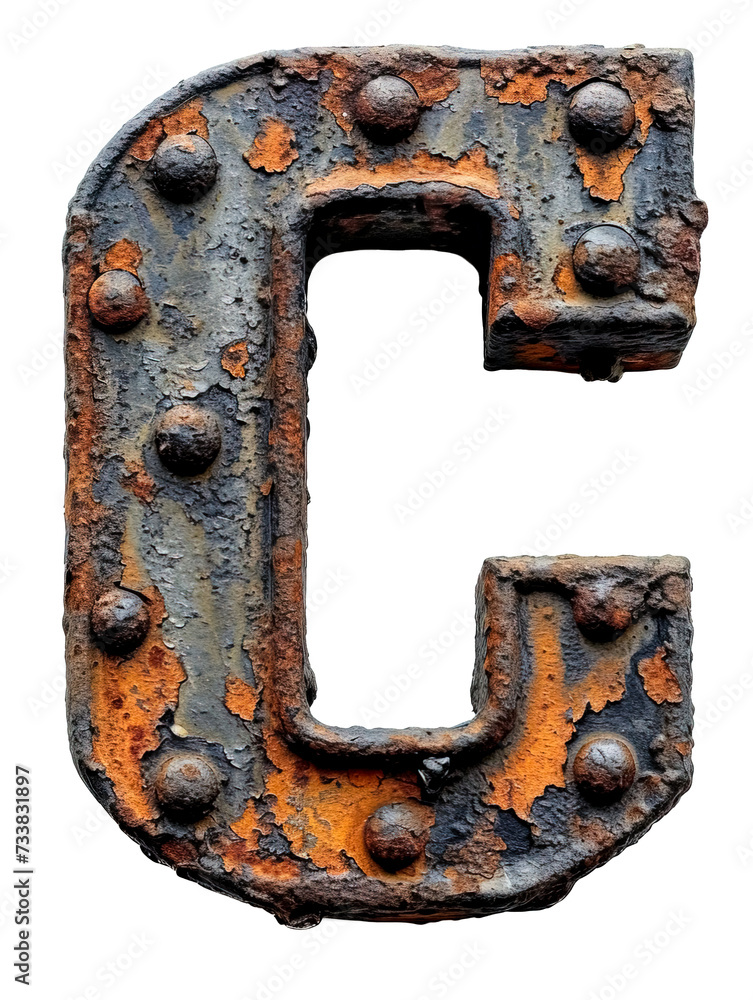 Letter C made of rusty metal in grunge style isolated on the white background. Letter C made of rusty metal in grunge style isolated on the white background.
