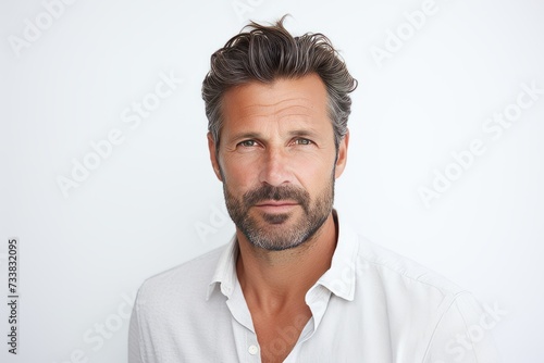 Portrait of a handsome mature man in white shirt looking at camera. © Iigo