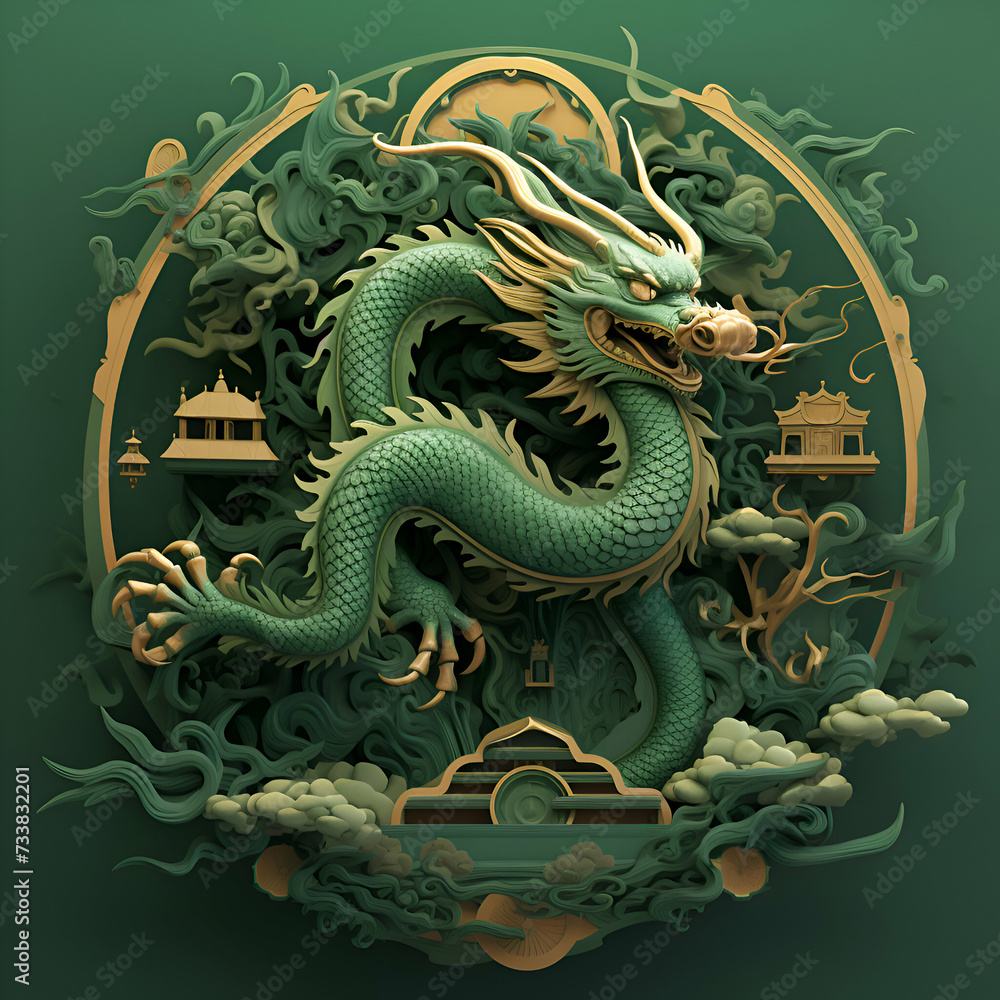 Fototapeta premium Dragon in the chinese style on a green background. Elements are layered separately in file.