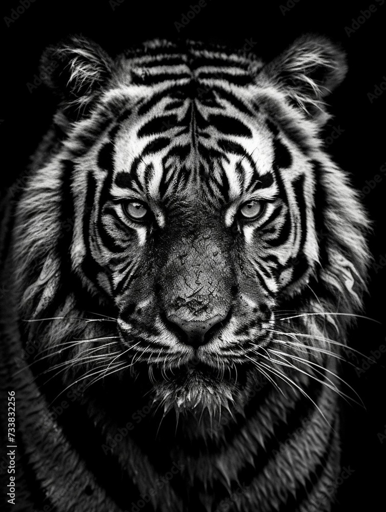 AI generated illustration of A majestic Bengal tiger standing in an illuminated dark environment