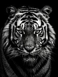 AI generated illustration of A majestic Bengal tiger standing in an illuminated dark environment