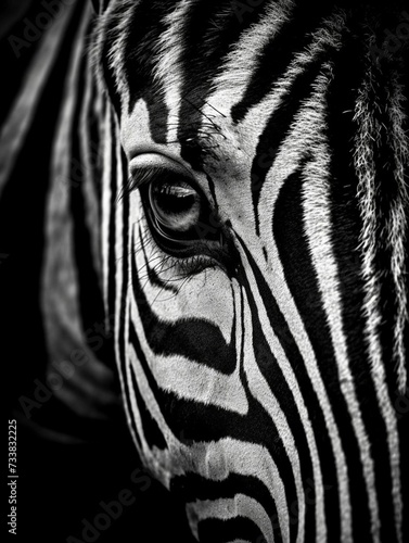 AI generated illustration of A black and white zebra against a dark background