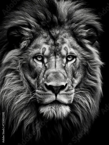 a black and white lion portrait on black background stock photo
