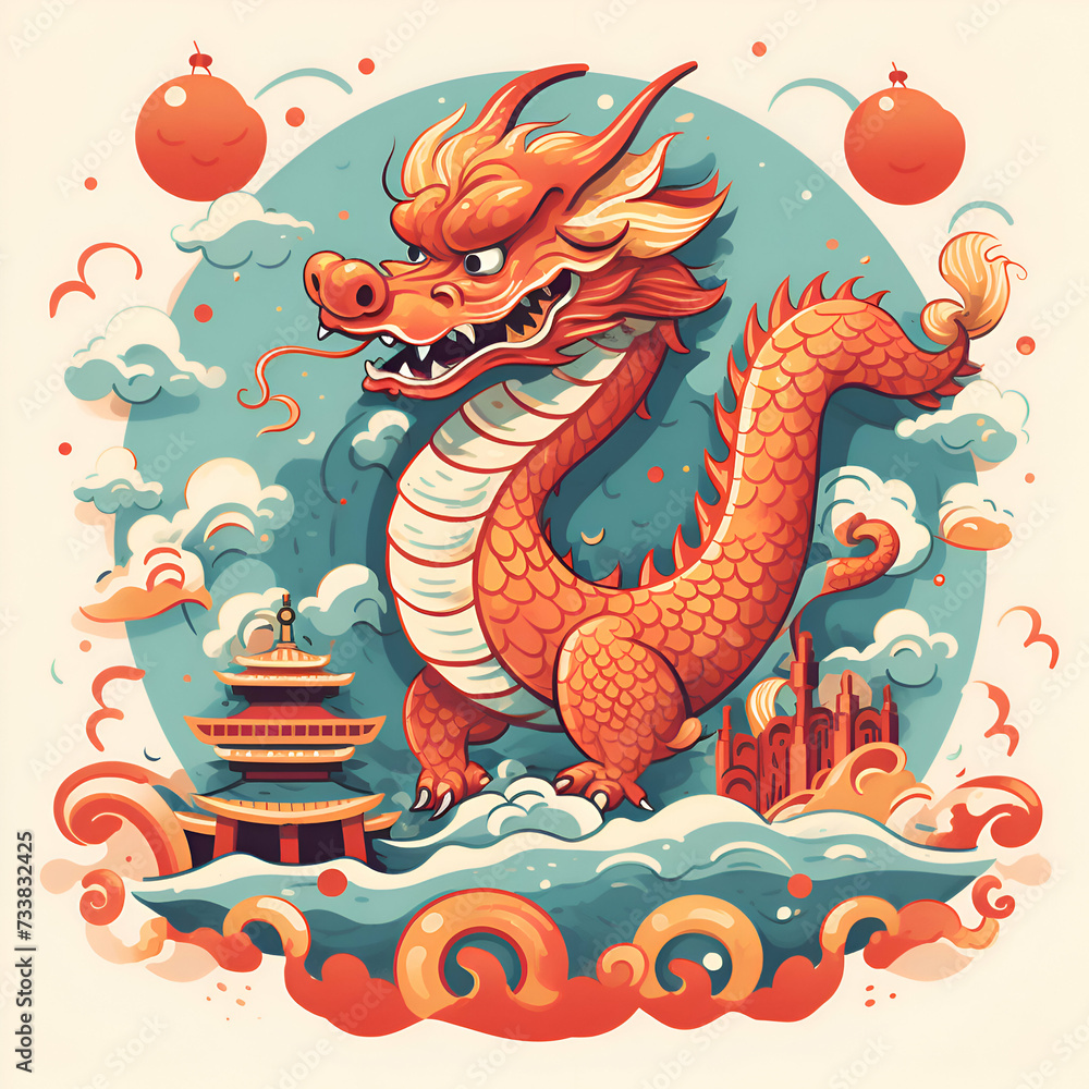 Chinese dragon on the background of the Chinese temple.  illustration.