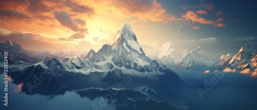 AI-generated illustration of a picturesque mountainous landscape with a lake below photo