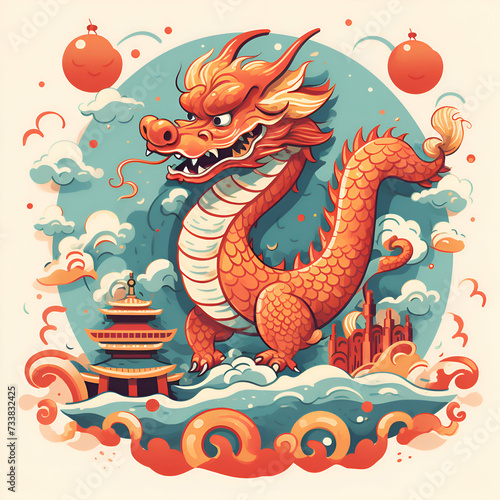 Chinese dragon on the background of the Chinese temple. illustration.