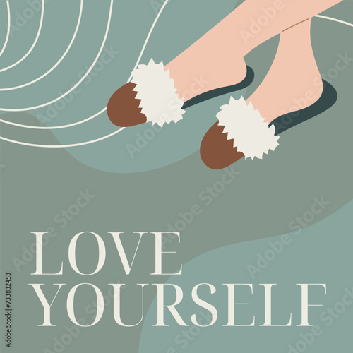 Square post template for social media. Fashionable vector advertising banner, female feet in comfortable home slippers, text Love yourself.