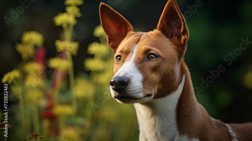 AI generated illustration of a brown basenji dog standing in a field of flowers