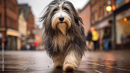 AI generated illustration of a cute shaggy-haired Bearded Collie dog walking on a city street photo