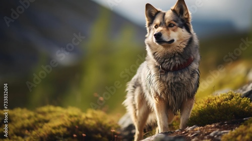 AI generated illustration of a Czechoslovakian Wolfdog sitting in a green meadow
